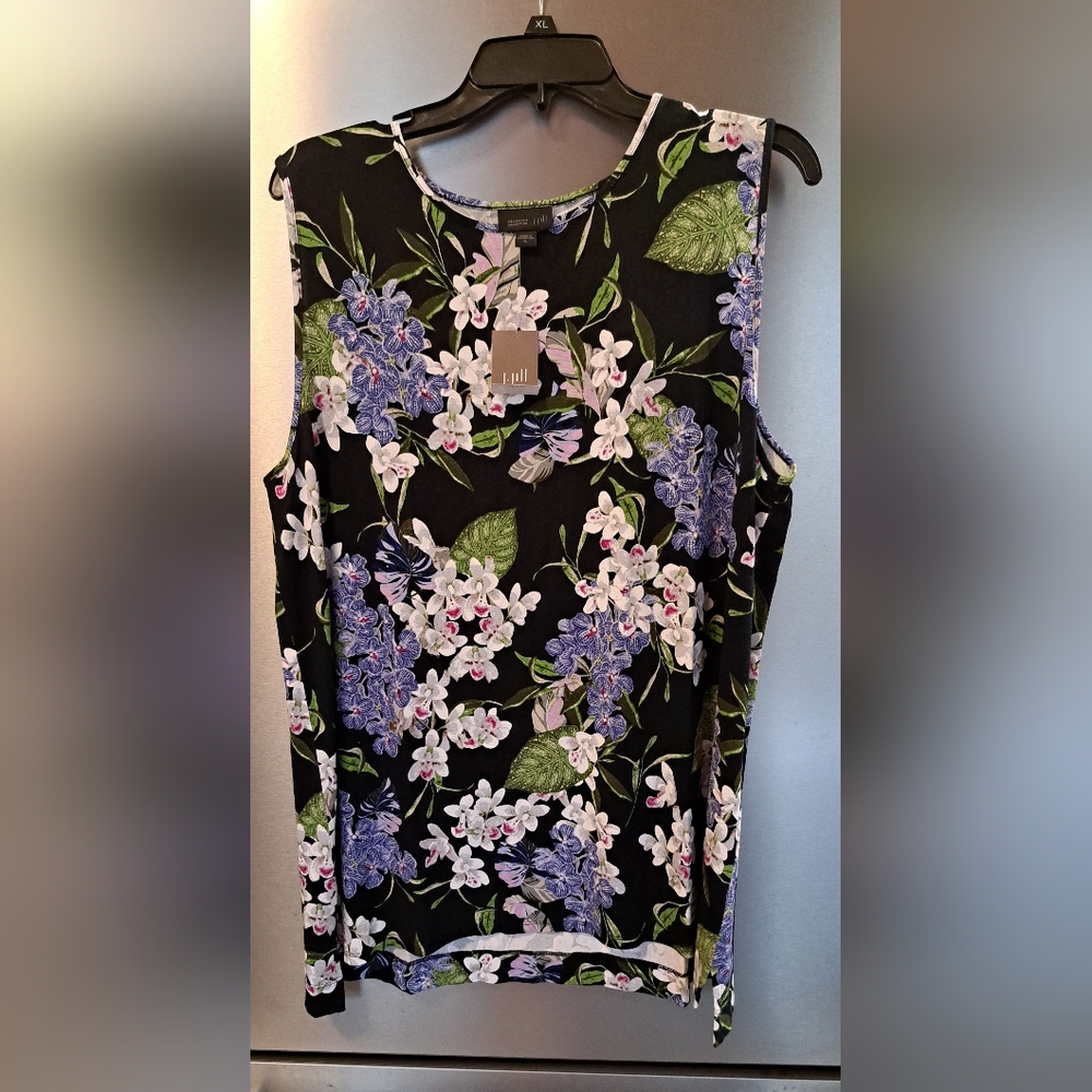 J. Jill Black Floral Tank Top with Purple, White, and Green Print